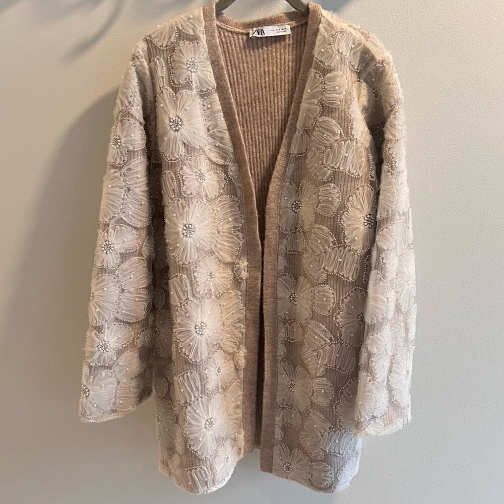 Zara Bead and Pearl Embellished Beige Cardigan Sweater Size M